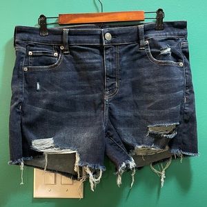 AE dark wash distressed cutoff midi jean shorts